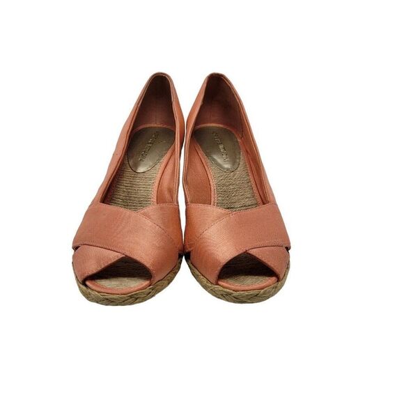 Adrienne Vittadini Bailee Satin Espadrille Wedge Heels 6 Peach Coral Peep Toe - Picture 7 of 12